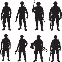 Soldier and army force silhouette collection for Veterans Day. Set of army soldier icons. Black soldiers silhouette isolated