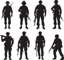Soldier and army force silhouette collection for Veterans Day. Set of army soldier icons. Black soldiers silhouette isolated