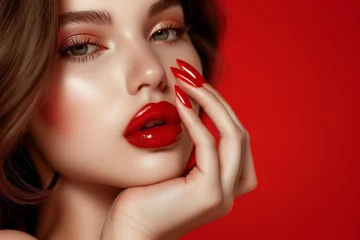 Fotobehang Beautiful laughing brunette model girl. Red lips and nails manicure . Fashion , beauty and make up portrait Beautiful girl showing red manicure nails . makeup and cosmetics. Studio shot of young beaut © Nataliia_Trushchenko