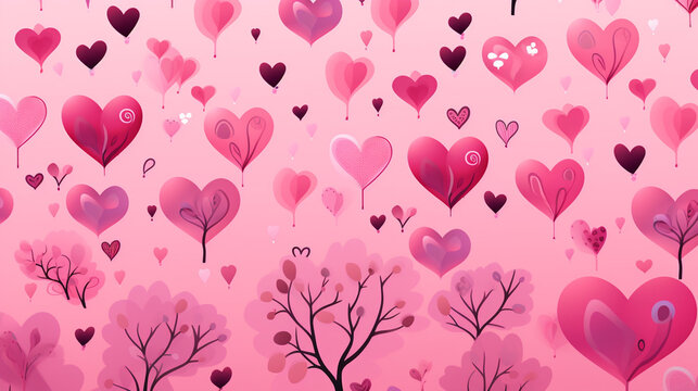 Romantic seamless pattern with cute images of hearts on a pink background , Generate AI