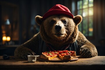 Bear in a red hat and pizza