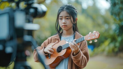 Fototapeta na wymiar Asian teenage girl look at camera filming her self and playing ukulele guitar