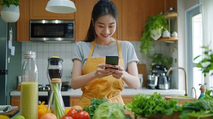 Asian woman making healthy food using phone creating video content for social media in tropical resort kitchen studio. Beautiful female using vegetables and fruits preparing smoothies