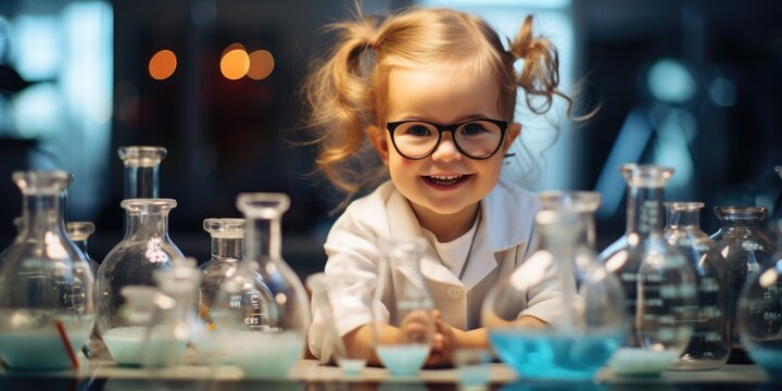 Cute Smiling Baby Girl In Laboratory Outfit Doing Chemical Reactions