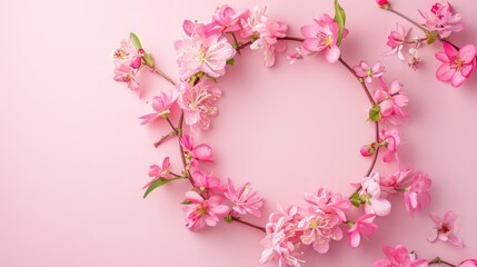 Fototapeta na wymiar Flowers composition. Wreath made of pink flowers on pink background. Flat lay, top view, copy space