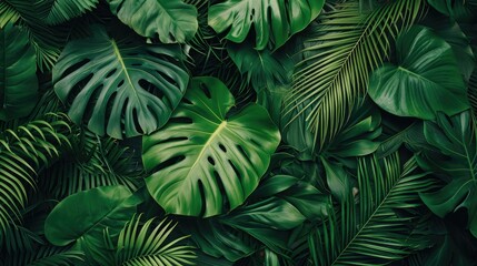 Group background of dark green tropical leaves ( monstera, palm, coconut leaf, fern, palm leaf,banana leaf) Panorama background. concept of nature