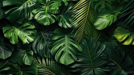 Fototapeta na wymiar Group background of dark green tropical leaves ( monstera, palm, coconut leaf, fern, palm leaf,banana leaf) Panorama background. concept of nature