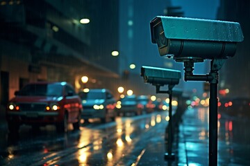 Traffic camera capturing a speeding vehicle in the city for speed control and monitoring - obrazy, fototapety, plakaty