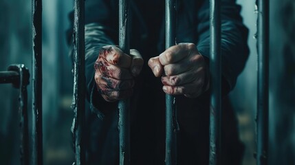 Imprisoned man with wounds on arms standing near bars, incarceration after fight - obrazy, fototapety, plakaty