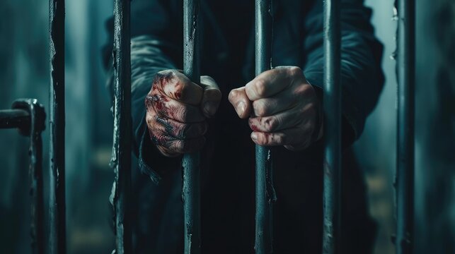 Imprisoned man with wounds on arms standing near bars, incarceration after fight