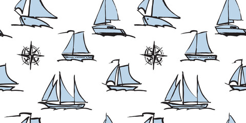 Seamless vector pattern of different sailboats sketches, background for paper,wallpaper - 712722555