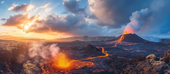 Daytime volcanic eruption on Reykjanes peninsula with lava shooting from Fagradalsfjall volcano crater in Icelandic Geopark, accompanied by clouds and steam in the sky.