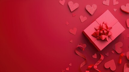 Paper art Valentine's day concept banner with hand made gift box, paper cut ribbon, bow, and a lot of hearts on a red background with space for text.