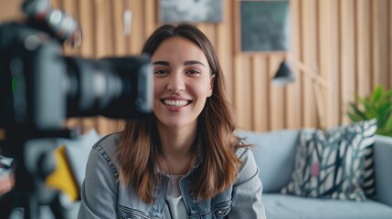 Smiling satisfied successful skilled woman blogger which recording video for internet spectators and applauses in modern living room. - obrazy, fototapety, plakaty