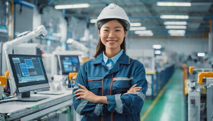 Female facility, asian woman engineer in modern technical plant, smiling on camera