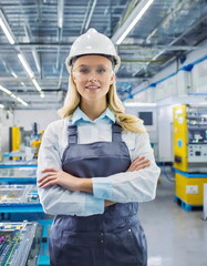 Female facility, caucasian blond young woman engineer in modern technical plant, smiling on camera