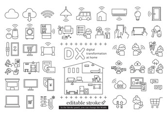 DX　家庭・暮らしののデジタルトランスフォーメーションのアイコンセット (編集可能なストローク)