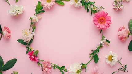 Obraz premium Wreath made of beautiful flowers and green leaves on pale pink background, flat lay. Space for text