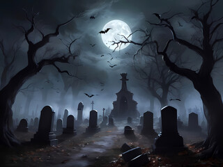 Spooky Halloween in the Haunted Forest Graveyard with Bats and Scary Trees - A Happy Halloween Background.