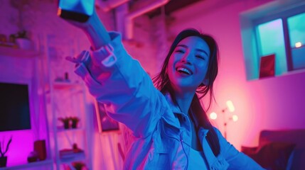 Young trendy influencer asian woman dancing on mobile phone at home in living room with neon light. Creator vlogger talent dancing enjoy hobby content recording show video sharing on social media.