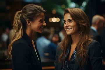 Foto op Plexiglas Two women smiling at each other. One has blonde hair and black blazer while other has brunette hair and black shirt. They are standing in crowded room with various people. Blurred background with bar © sommersby