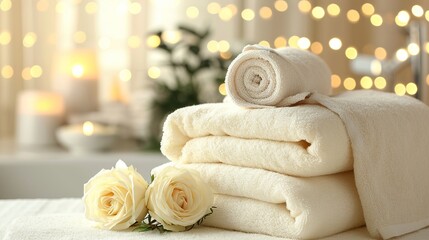 Luxurious spa towels with herbal bags and beauty treatments in relaxing spa center