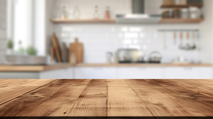 wooden table with kitchen background. Suitable concept for shooting in the kitchen. kitchen products background. food background. shooting table in kitchen. empty wooden table top and blur of room - obrazy, fototapety, plakaty