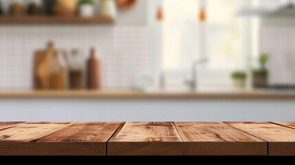 wooden table with kitchen background. Suitable concept for shooting in the kitchen. kitchen products background. food background. shooting table in kitchen. empty wooden table top and blur of room