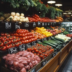 An assortment of fresh vegetables and meat on the supermarket counter, the inscription on the necklace "fair trade" Concept: purchase and delivery of food products.
