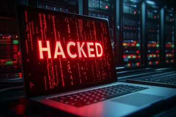 Obraz premium Critical Breach: Hacked Laptop in Server Room with Bold Red Warning.Generative ai