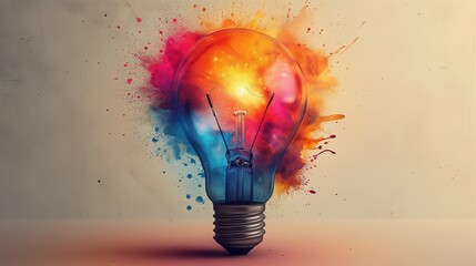 a light bulb surrounded by vibrant splatters of colored paint, symbolizing the burst of creative ideas. Generative ai