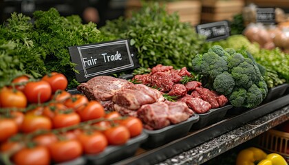 An assortment of fresh vegetables and meat on the supermarket counter, the inscription on the...