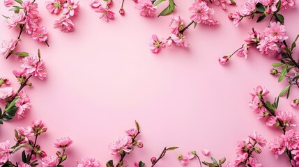 Spring flowers. Pink flowers on white wooden background. Flat lay, top view, copy space