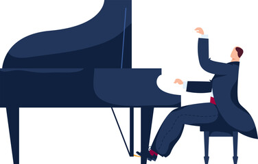 Energetic pianist playing grand piano. Male musician in concert attire performing. Passion for music, concert pianist vector illustration.