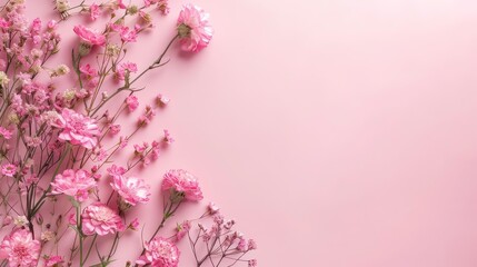 Frame of white branches with leaves and flowers on a pink background