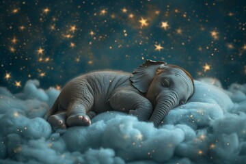 a baby elephant peacefully rests on soft clouds against a backdrop adorned with twinkling stars. Generative ai