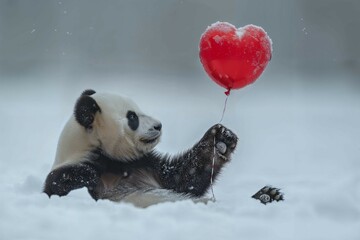 panda surrounded by snow and holding a heart-shaped red balloon. Generative ai