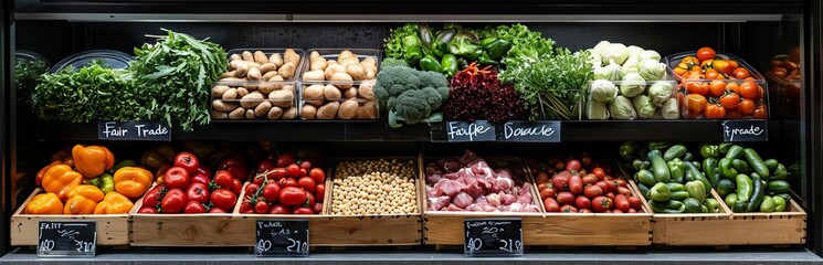 An assortment of fresh vegetables and meat on the supermarket counter, the inscription on the necklace "fair trade" Concept: purchase and delivery of food products.
