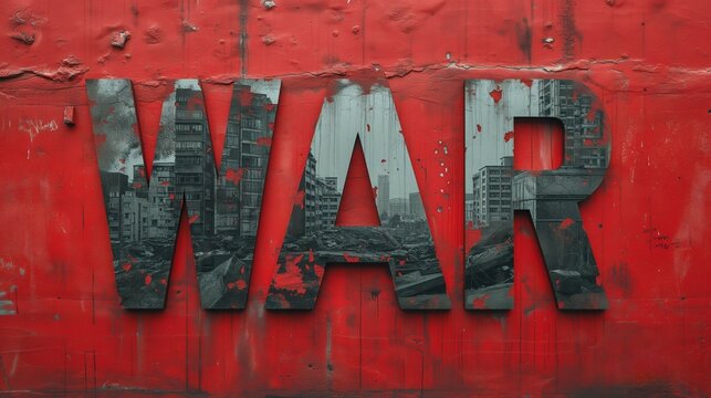 the word " War" with the letters intricately designed to incorporate scenes of ruined buildings on grungy red backdrop. Ai generated