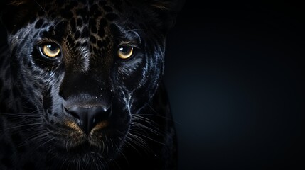 Front view of panther on black backgroundwildlife banner with copy space for text.