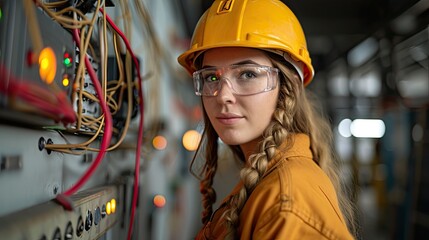 Portrait of a young woman electrician working on an electrical panel