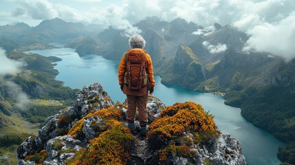 Back view to a older woman hiker, standing on a rock, enjoying the views to the lake and the landscape