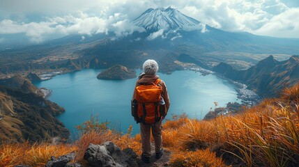 Back view to a older woman hiker, standing on a rock, enjoying the views to the lake and the landscape