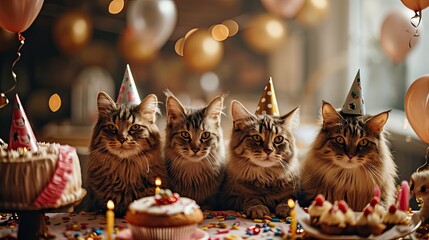Happy cats celebrating a birthday party.