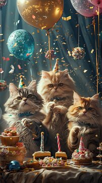 Happy cats celebrating a birthday party.
