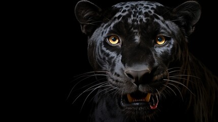 Majestic panther in front view on black backgroundwildlife banner with space for text.
