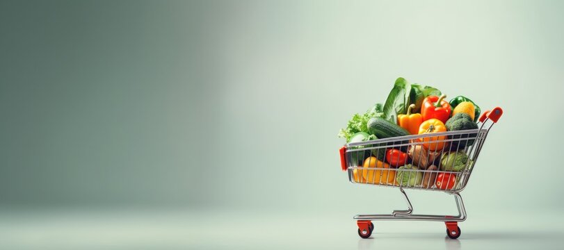 Generative AI, shopping cart with vegetables and fruit inside, healthy food concept, discount and sale.