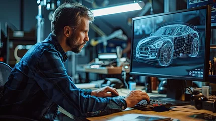 Deurstickers Man as a car designer engineer working with the computer. © MiguelAngel