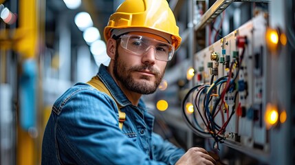 Portrait of a young electrician working on an electrical panel.