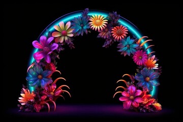 Three-dimensional neon arch with vibrant flowers. Generative AI - obrazy, fototapety, plakaty